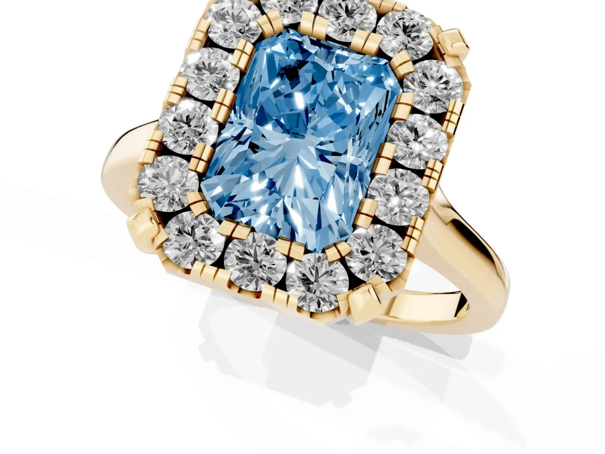 Fancy Blue Radiant Cut Diamond Cluster Halo Solitaire with Four-Prong Setting Yellow gold