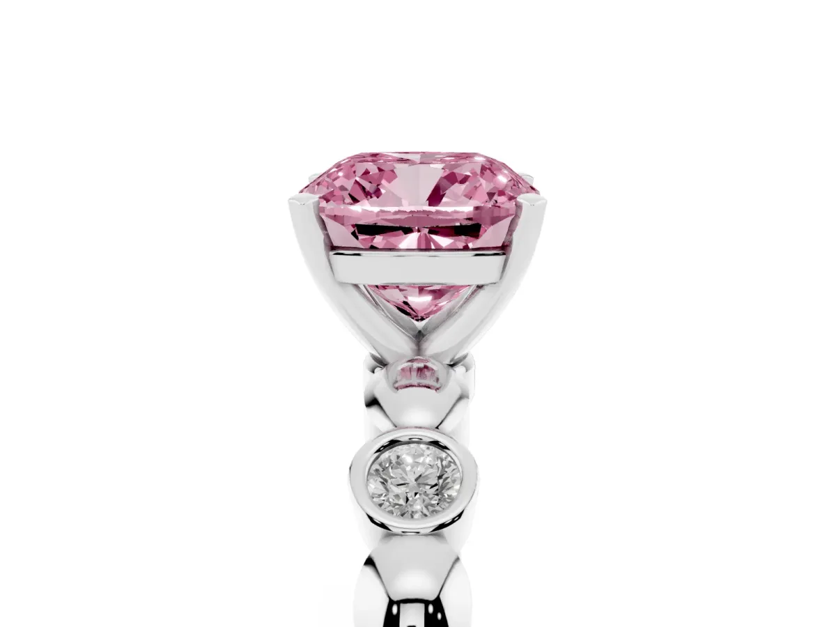 Fancy Pink Cushion Cut Solitaire Bezel-Set Diamond Ring with Beaded Band and Four-Prong Setting Silver