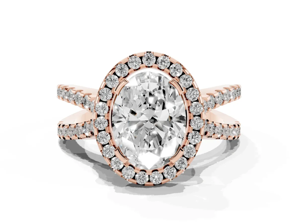 Oval Cut Diamond Halo Ring with Split Shank Pavé Band and Prong Setting Rose gold