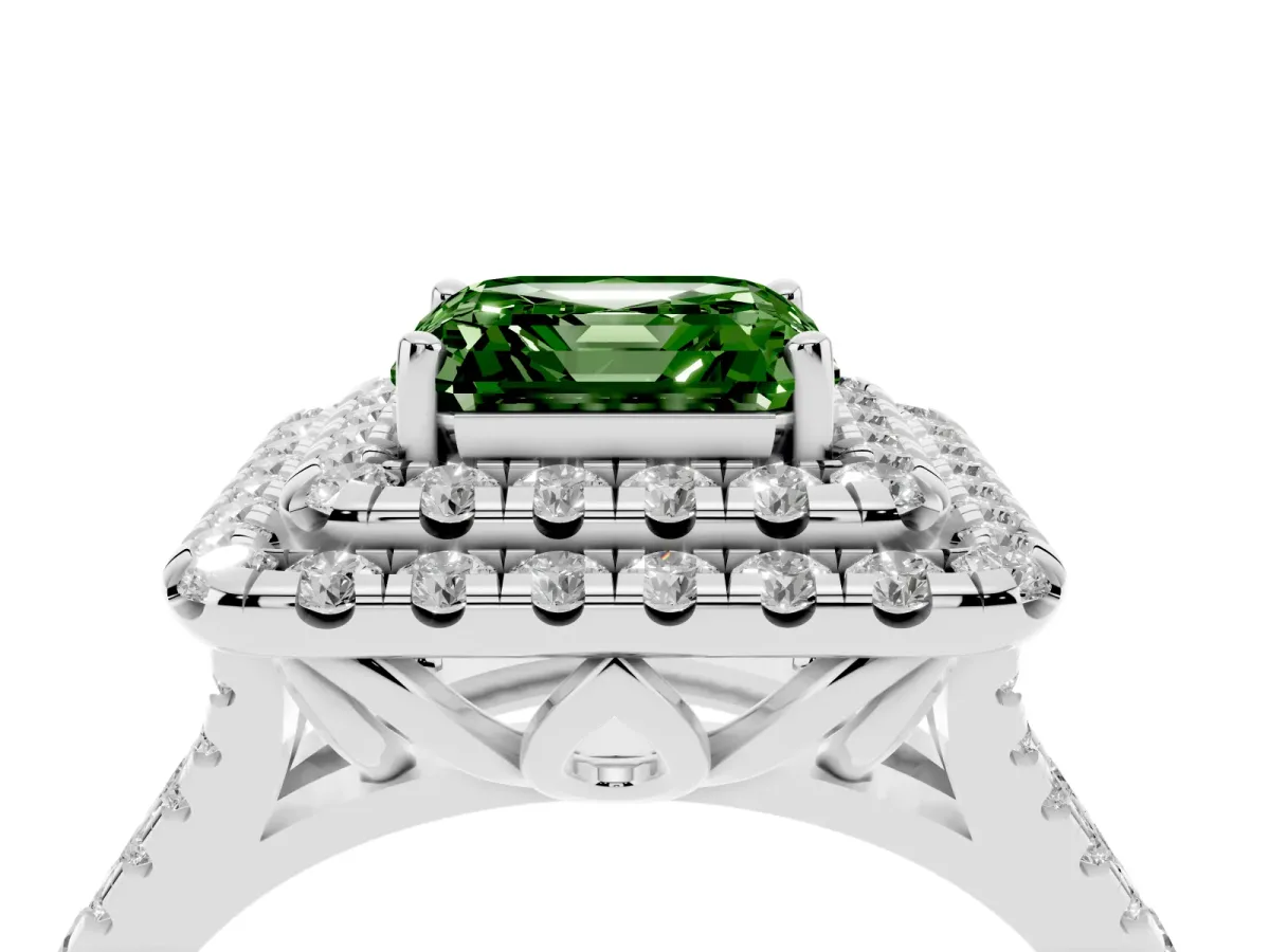 Fancy Green Double Halo Asscher Cut Diamond Pavé Split Shank Ring with Prong Setting Silver