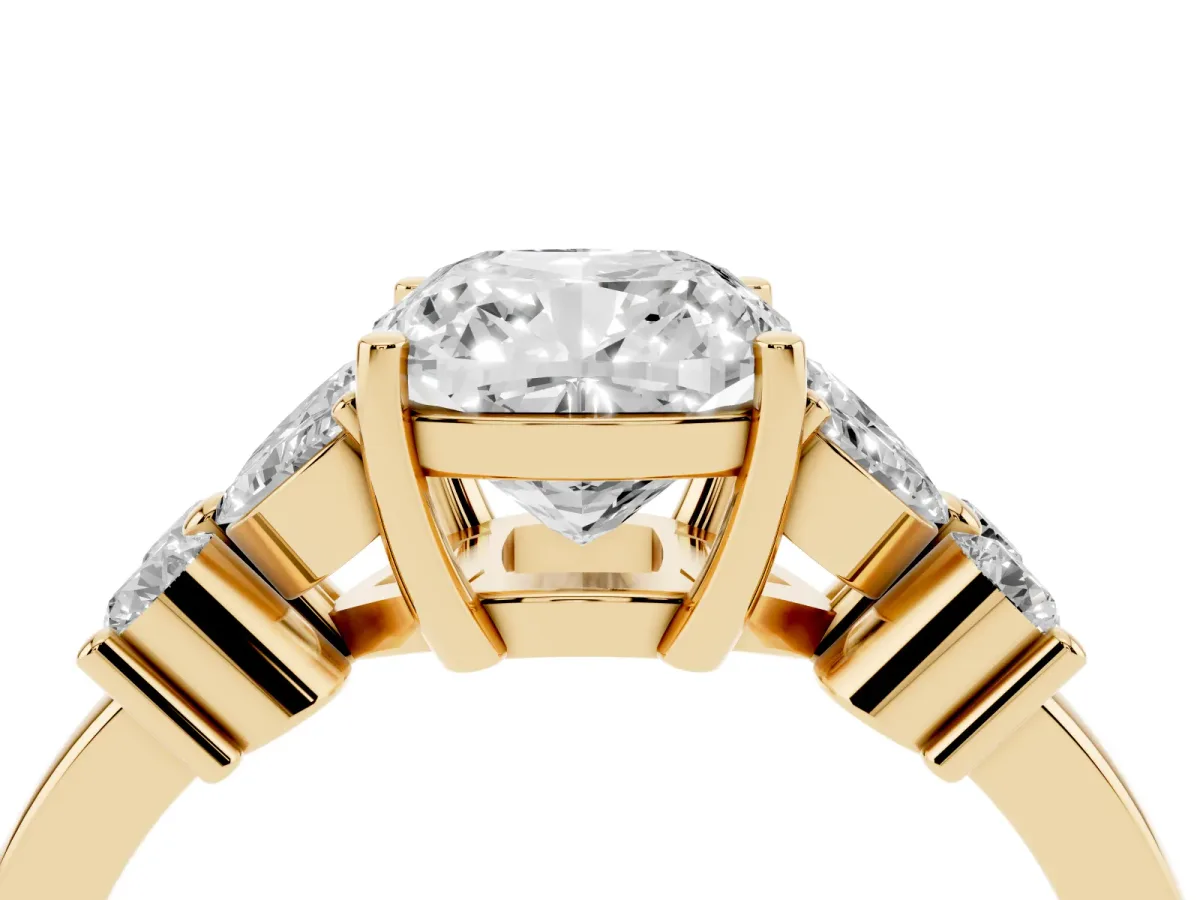 Cushion Cut Diamond Floral Cluster Ring with Solitaire Band and Prong Setting Yellow gold