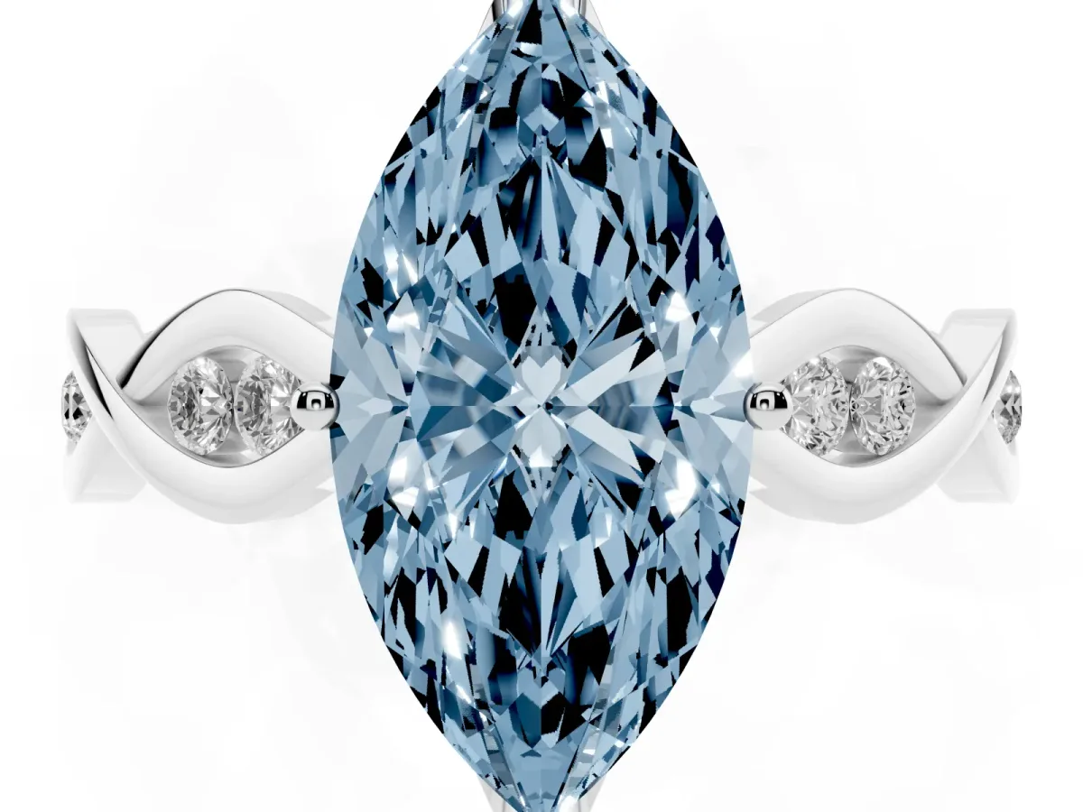 Fancy Blue Marquise Cut Solitaire Twist Band with Leaf Prong Setting Silver