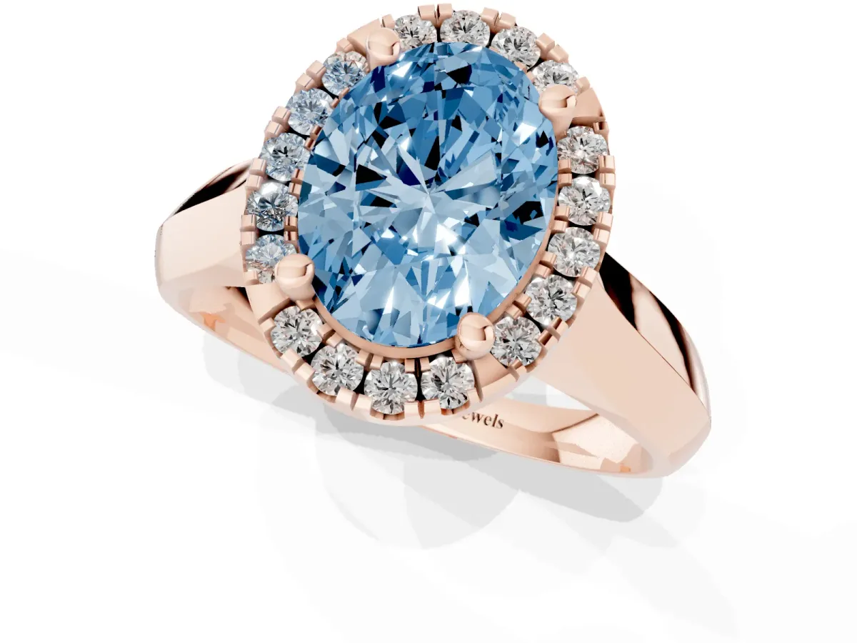 Fancy Blue Oval Cut Cut Halo Solitaire Engagement Ring with Square Band and Four-Prong Setting Rose gold
