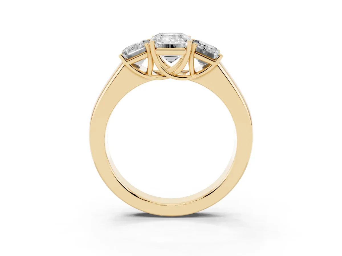 Three-Stone Emerald Cut Cut Diamond Ring with Prong Setting and Classic Band Yellow gold