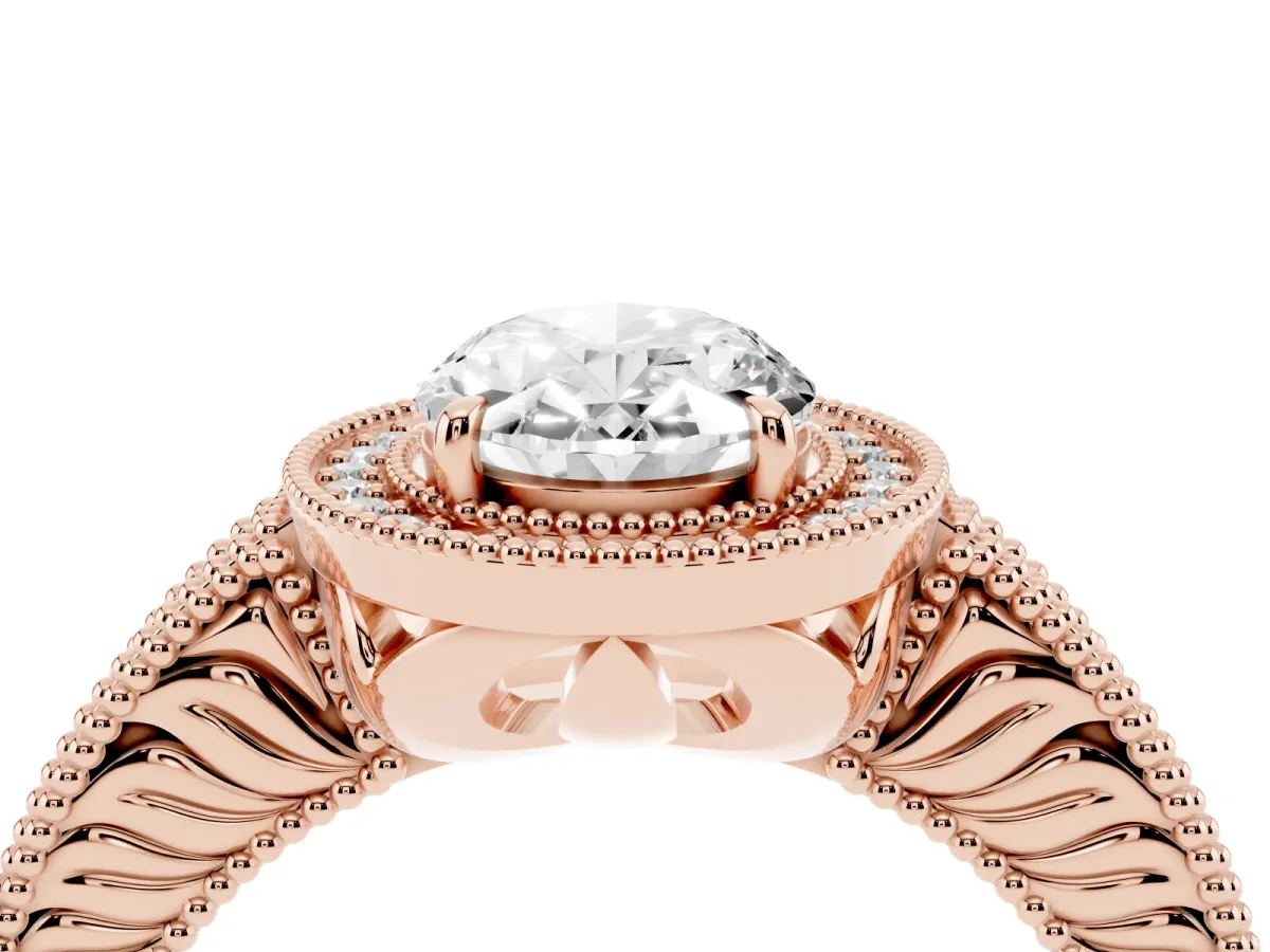 Oval Cut Cut Halo Diamond Ring with Pavé Band and Four-Prong Setting Rose gold
