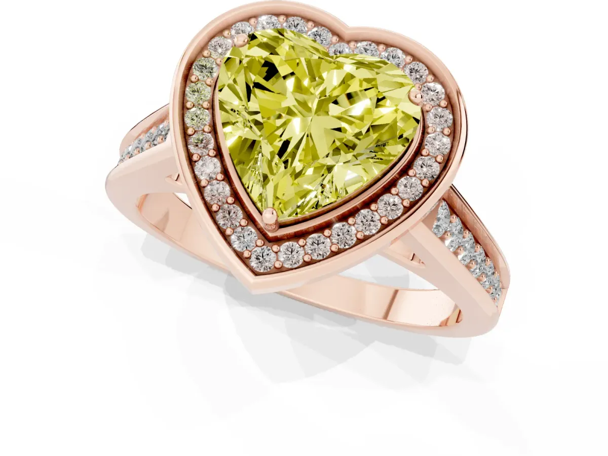 Fancy Yellow Heart Cut Halo Solitaire Diamond Ring with Pave Band and Bezel Setting Rose gold