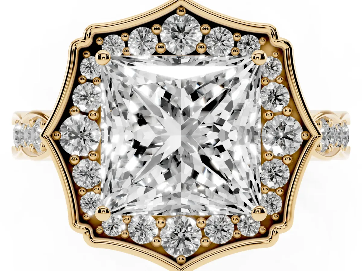 Princess Cut Halo Diamond Engagement Ring with Milgrain Band and Four-Prong Setting Yellow gold