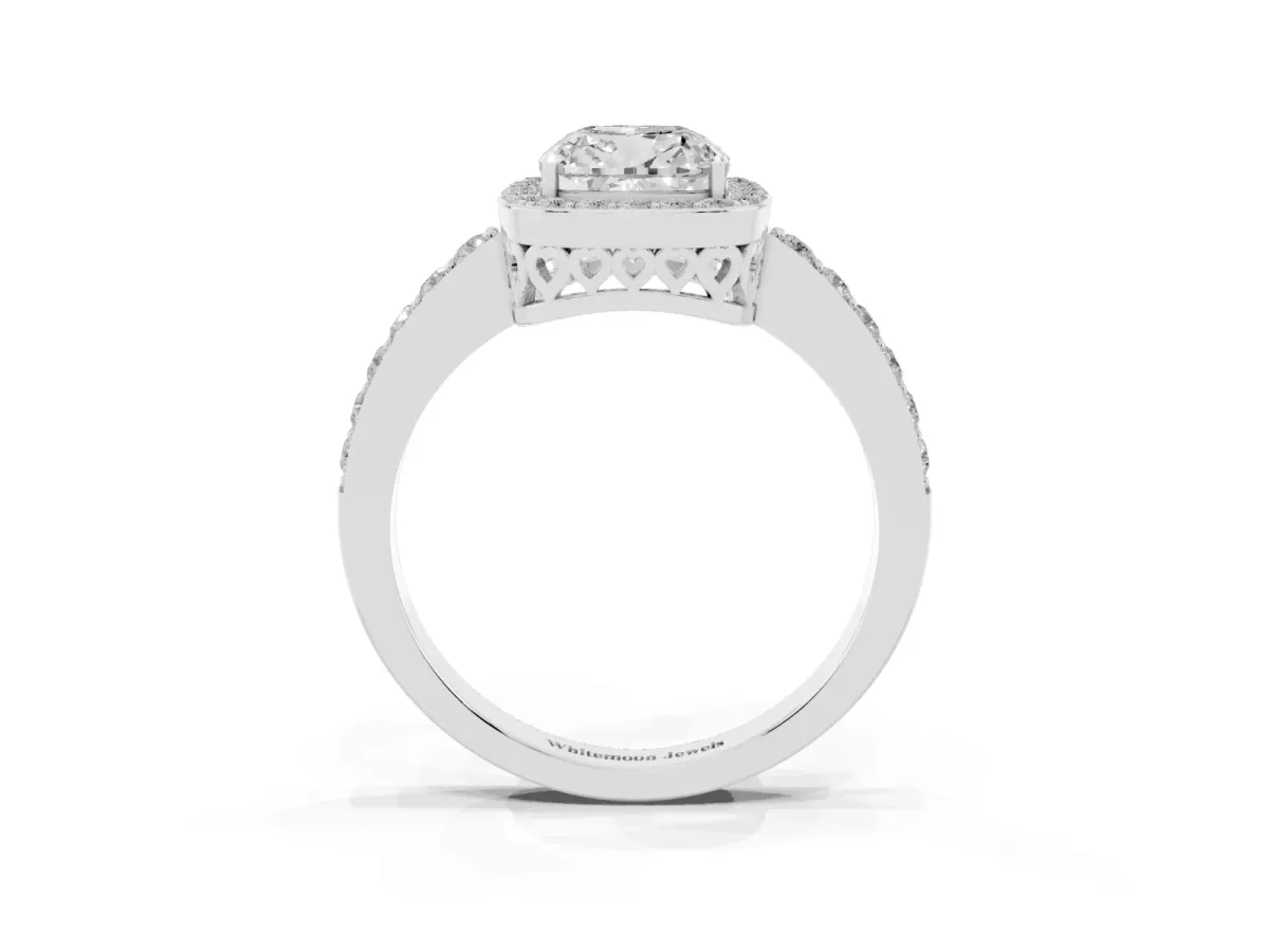 Cushion Cut Halo Diamond Pavé Band Ring with Prong Setting Silver