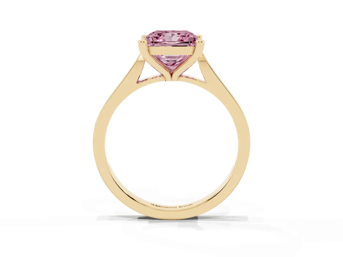 Fancy Pink Princess Cut Solitaire Diamond Ring with Four-Prong Setting and Tapered Band Yellow gold