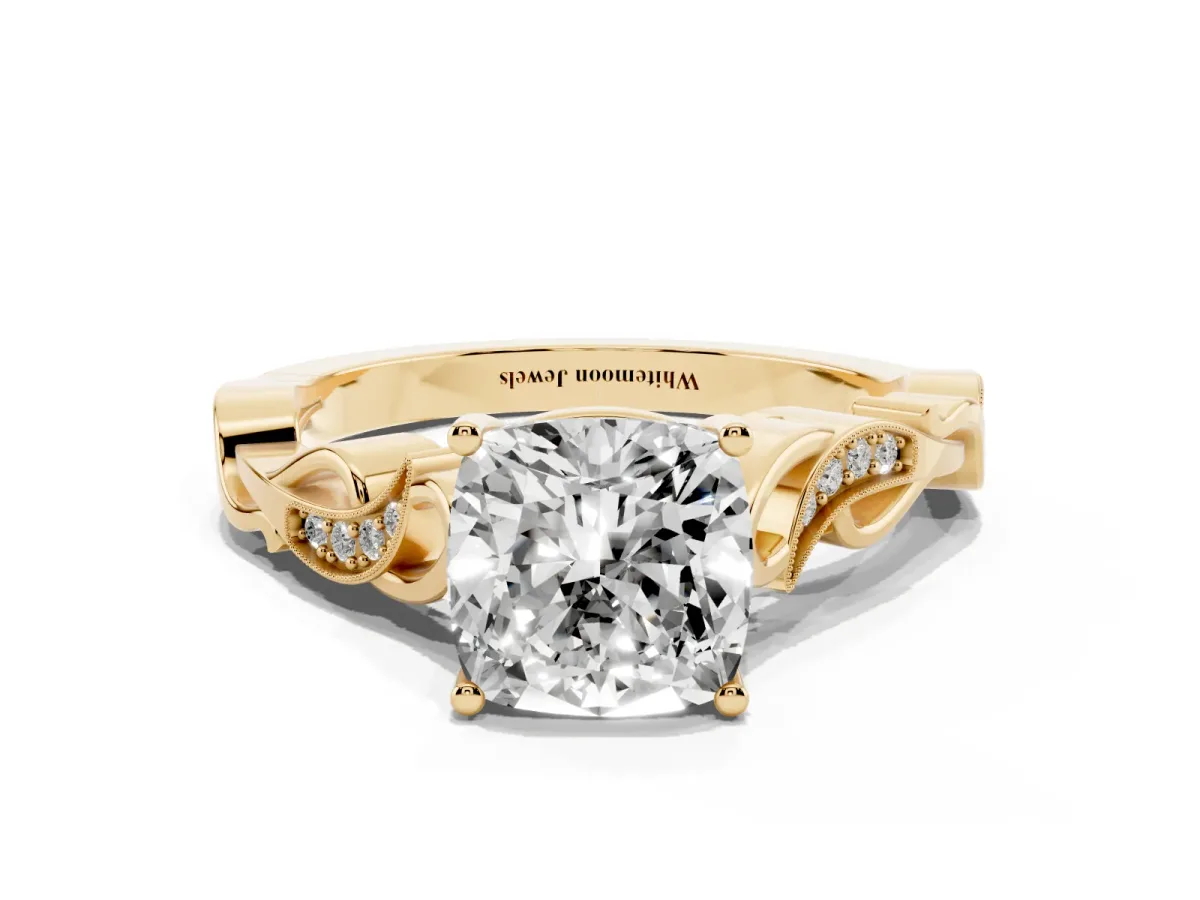 Cushion Cut Solitaire Vine Band with Milgrain Prong Setting Yellow gold