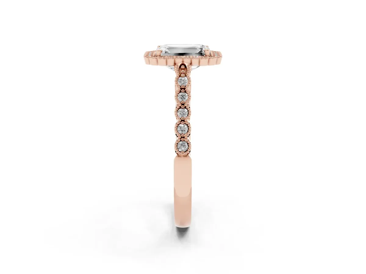 Emerald Cut Cut Halo Pavé Solitaire Ring with Milgrain Band Rose gold