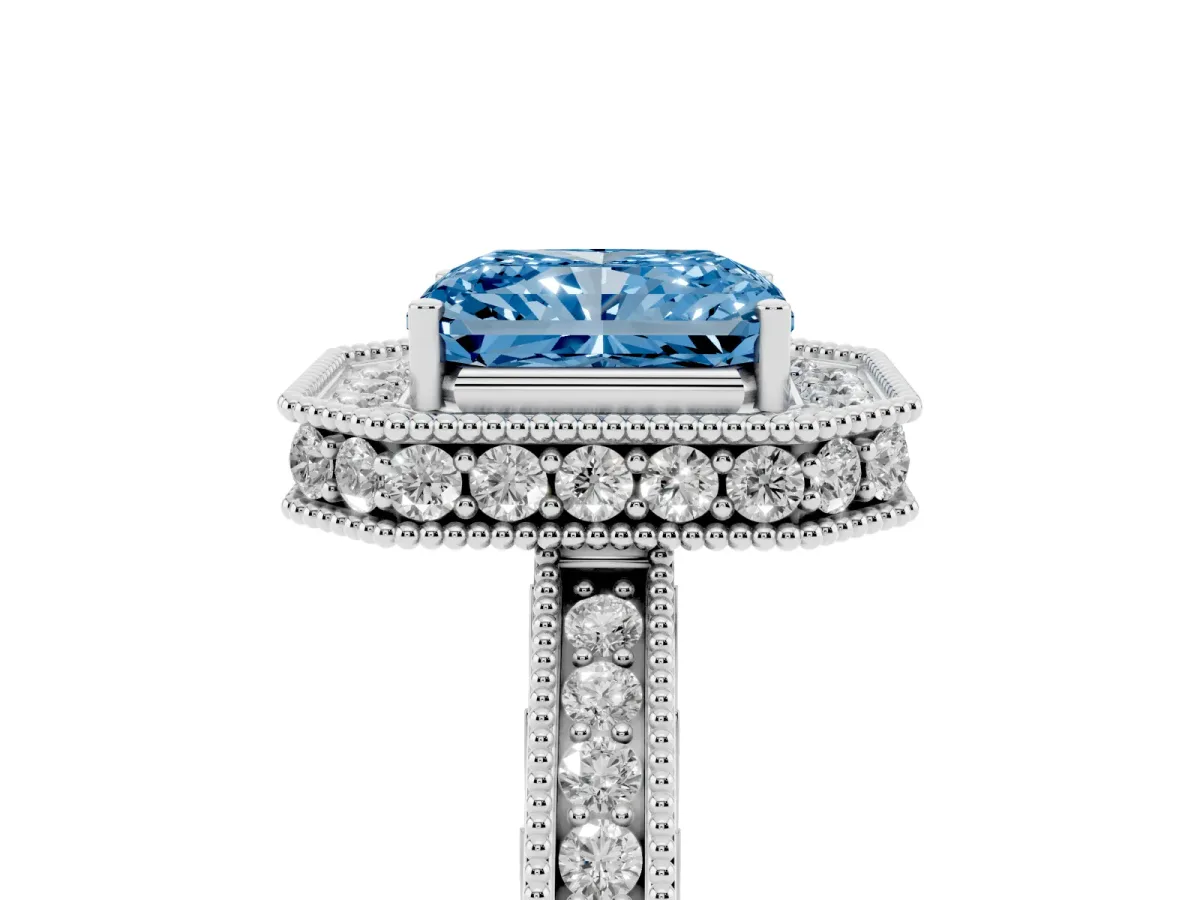 Fancy Blue Radiant Cut Diamond Milgrain Halo Engagement Ring with Round Pavé Band and Prong Setting Platinum