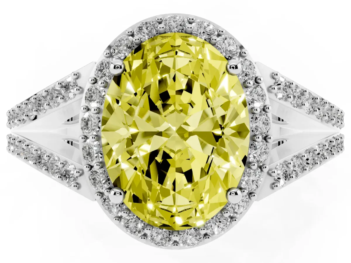 Fancy Yellow Oval Cut Halo Split Shank Diamond Ring with Prong Setting Silver