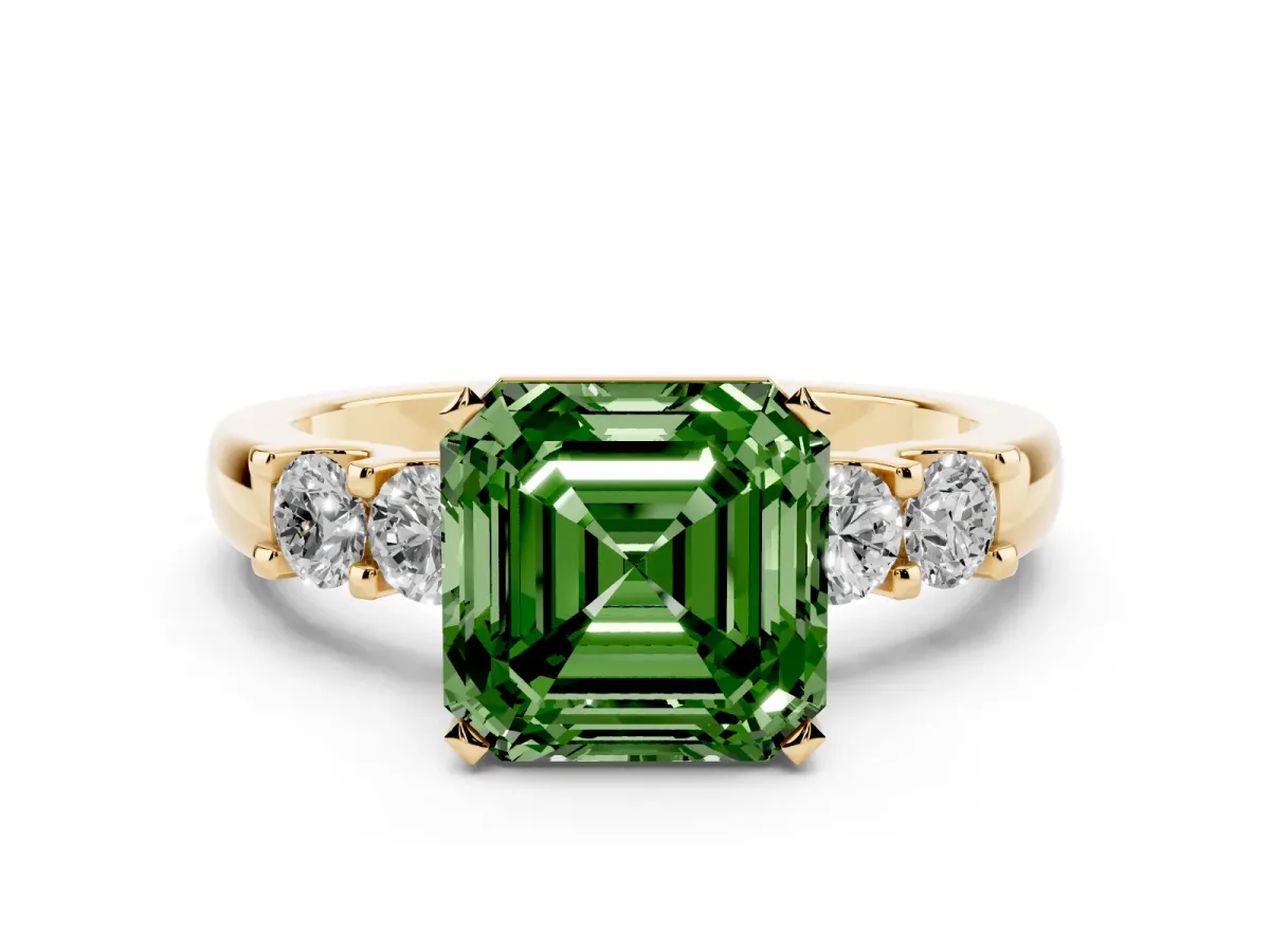 Fancy Green Asscher Cut Brilliant Cut Diamond Five-Stone Prong Set Engagement Ring with Channel Band Yellow gold