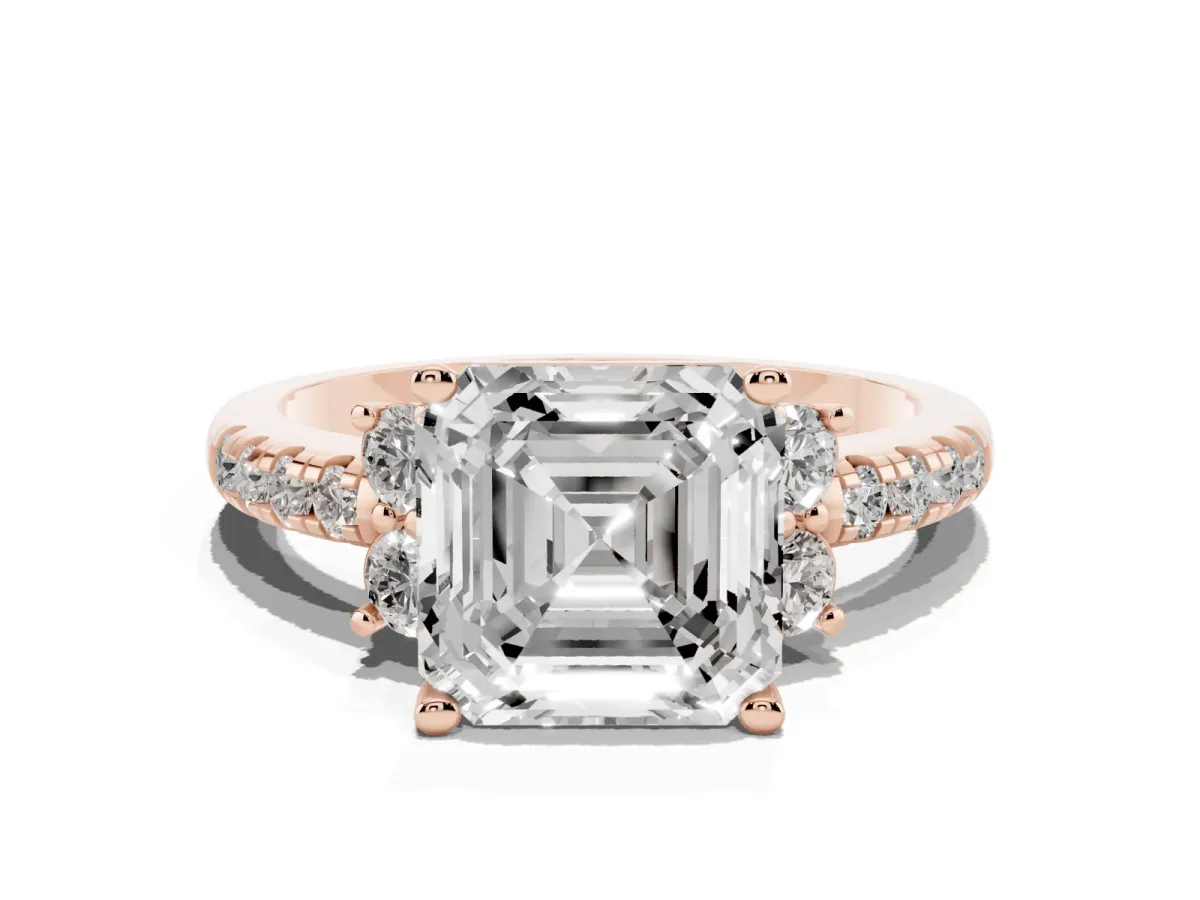 Asscher Cut Diamond Three-Stone Pave Band with Four-Prong Setting Rose gold