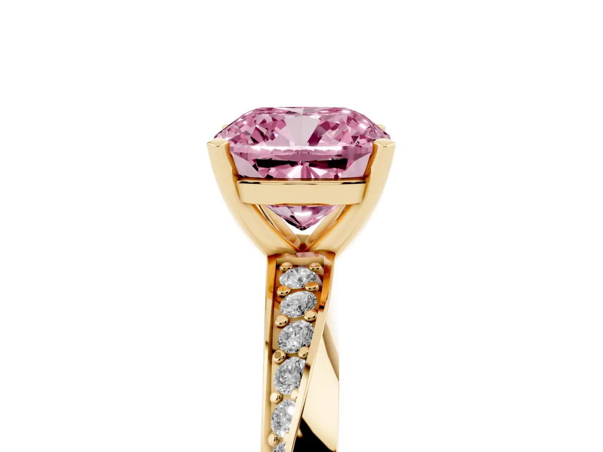 Fancy Pink Cushion Cut Diamond Engagement Ring with Side Stone Accents and Four-Prong Setting Yellow gold