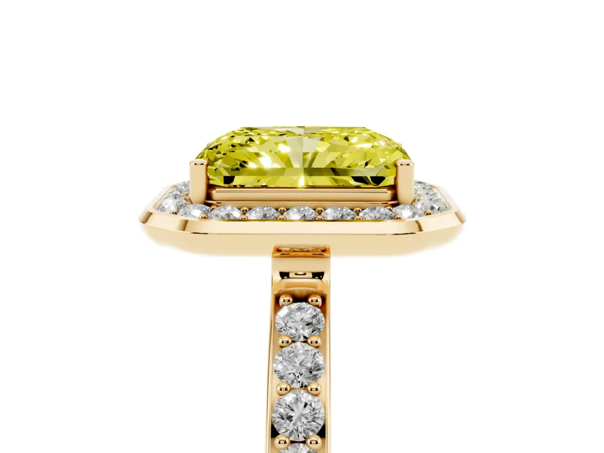 Fancy Yellow Radiant Cut Diamond Halo Ring with Bezel Frame and Pavé Band Yellow gold
