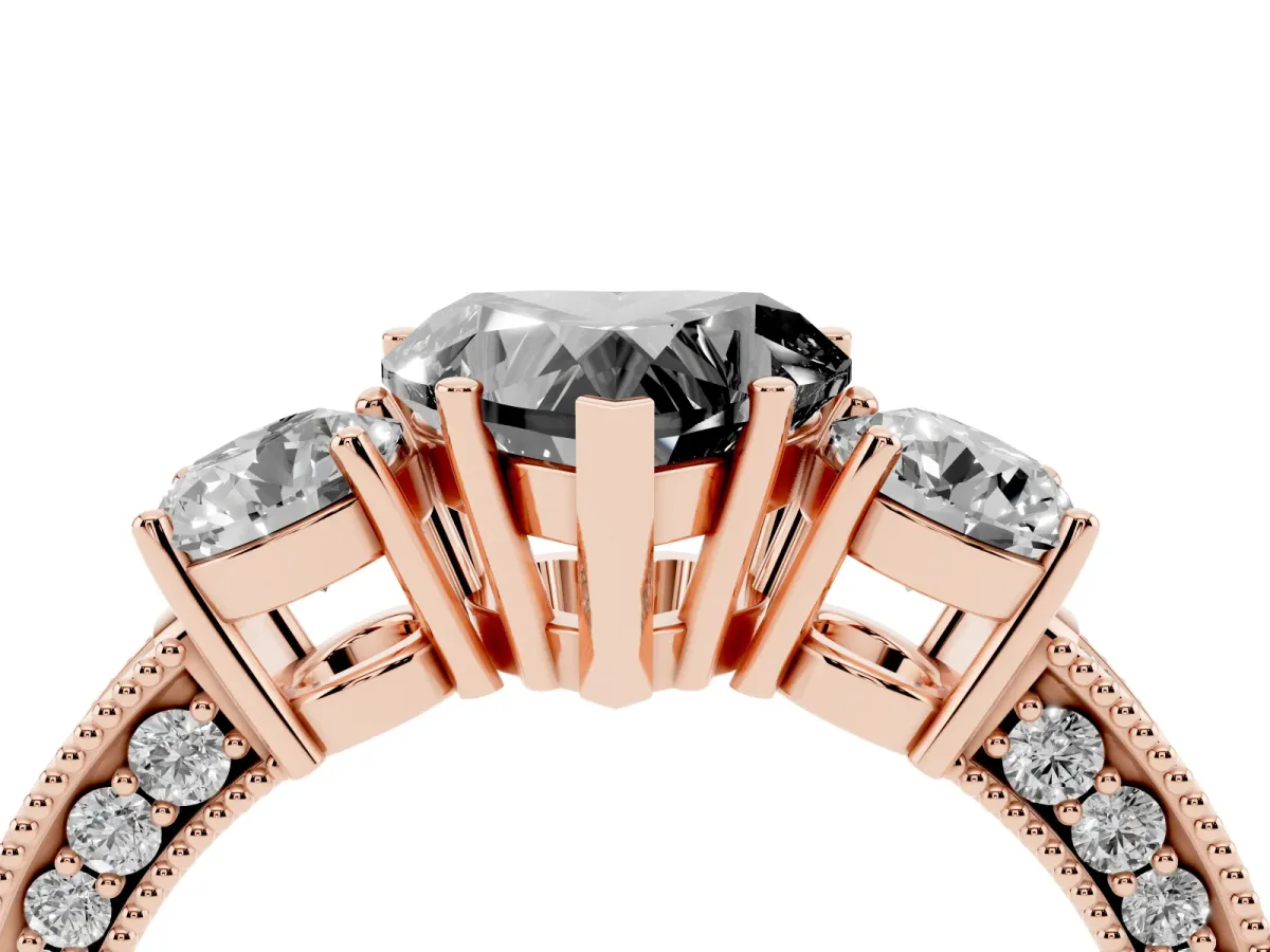 Fancy Black Heart Cut Three-Stone Diamond Ring with Pavé Band and Four-Prong Setting Rose gold