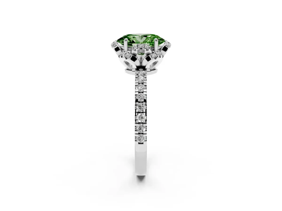 Fancy Green Oval Cut Halo Diamond Pave Band Ring with Four-Prong Setting Silver