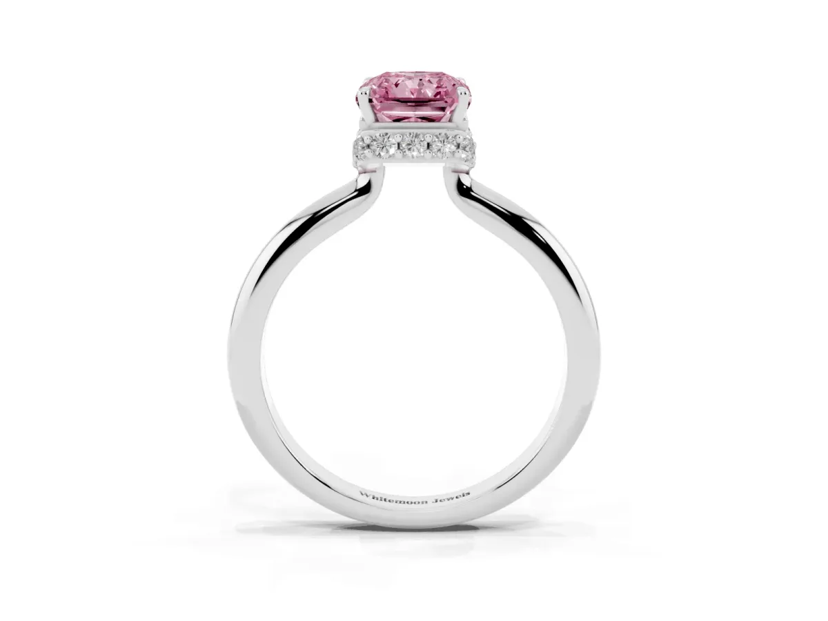 Fancy Pink Radiant Cut Brilliant Solitaire Engagement Ring with Six-Prong Setting and Classic Band Silver