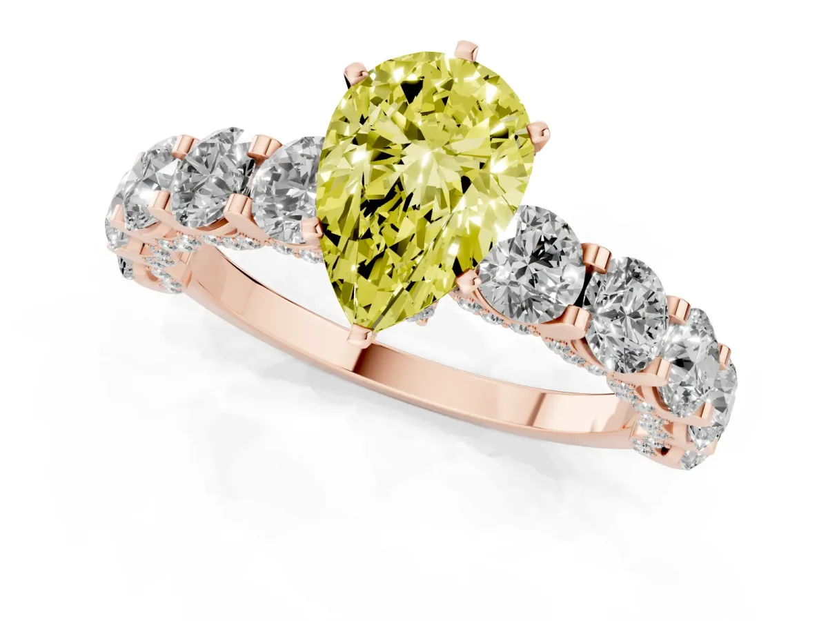 Fancy Yellow Pear Cut Diamond Side Stone Engagement Ring with Four-Prong Setting Rose gold