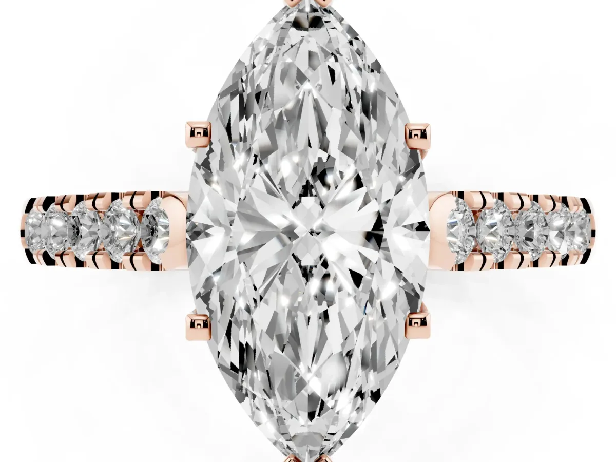 Marquise Cut Diamond Pavé Band Solitaire Ring with Prong Setting Rose gold