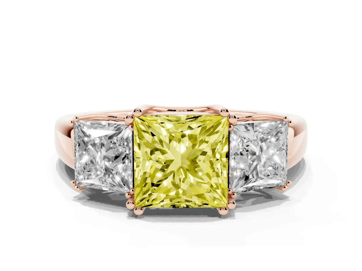 Fancy Yellow Three-Stone Princess Cut Cut Diamond Ring with Channel Set Band and Four-Prong Setting Rose gold