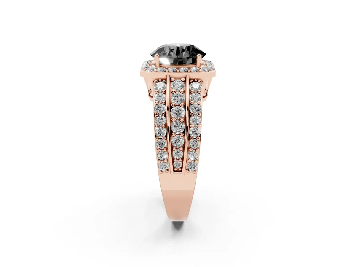 Fancy Black Round Cut Halo Diamond Ring with Round Split Shank and Prong Setting Rose gold