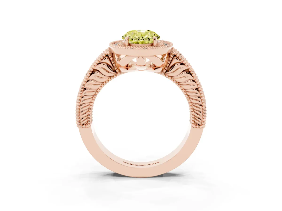 Fancy Yellow Oval Cut Cut Halo Diamond Ring with Pavé Band and Four-Prong Setting Rose gold