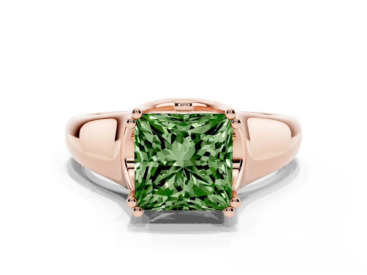 Fancy Green Princess Cut Diamond Solitaire Ring with Wide Band and Prong Setting Rose gold