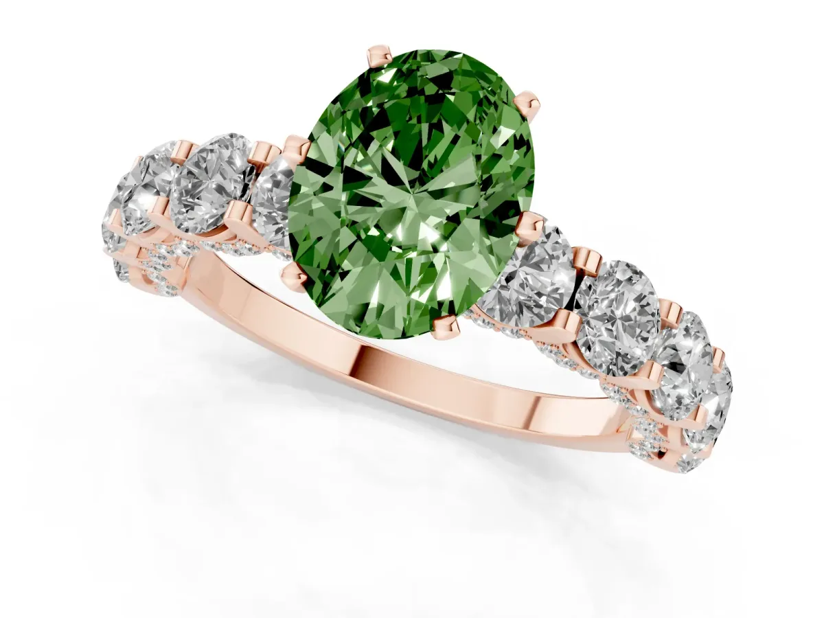 Fancy Green Oval Cut Diamond Side Stone Engagement Ring with Four-Prong Setting Rose gold