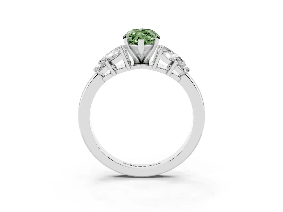 Fancy Green Marquise Cut Diamond Cluster Leaf Design Ring with Prong Setting Silver