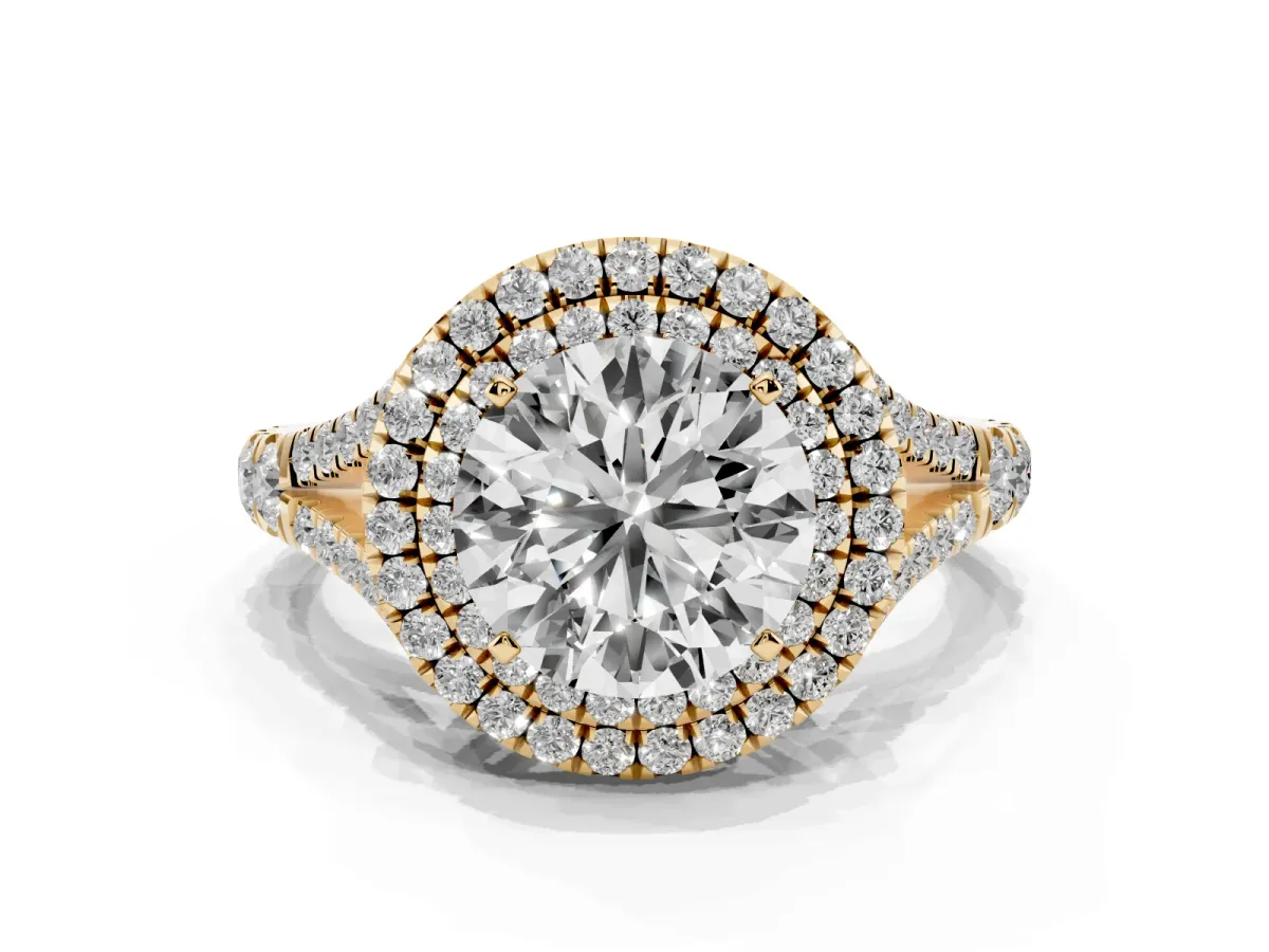 Round Cut Diamond Double Halo Ring with Split Shank and Prong Setting Yellow gold