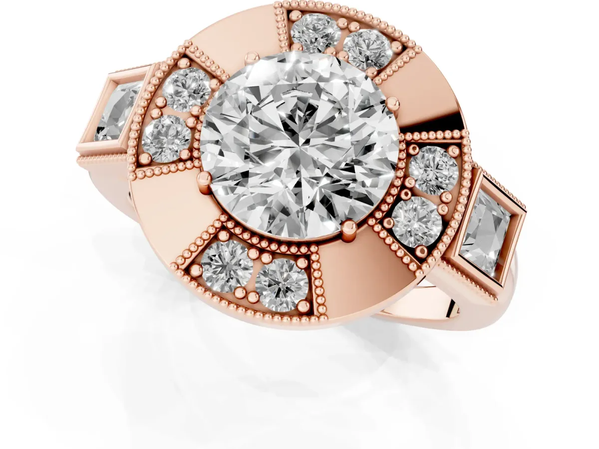 Milgrain Round Cut Diamond Halo Split Shank Ring Rose gold