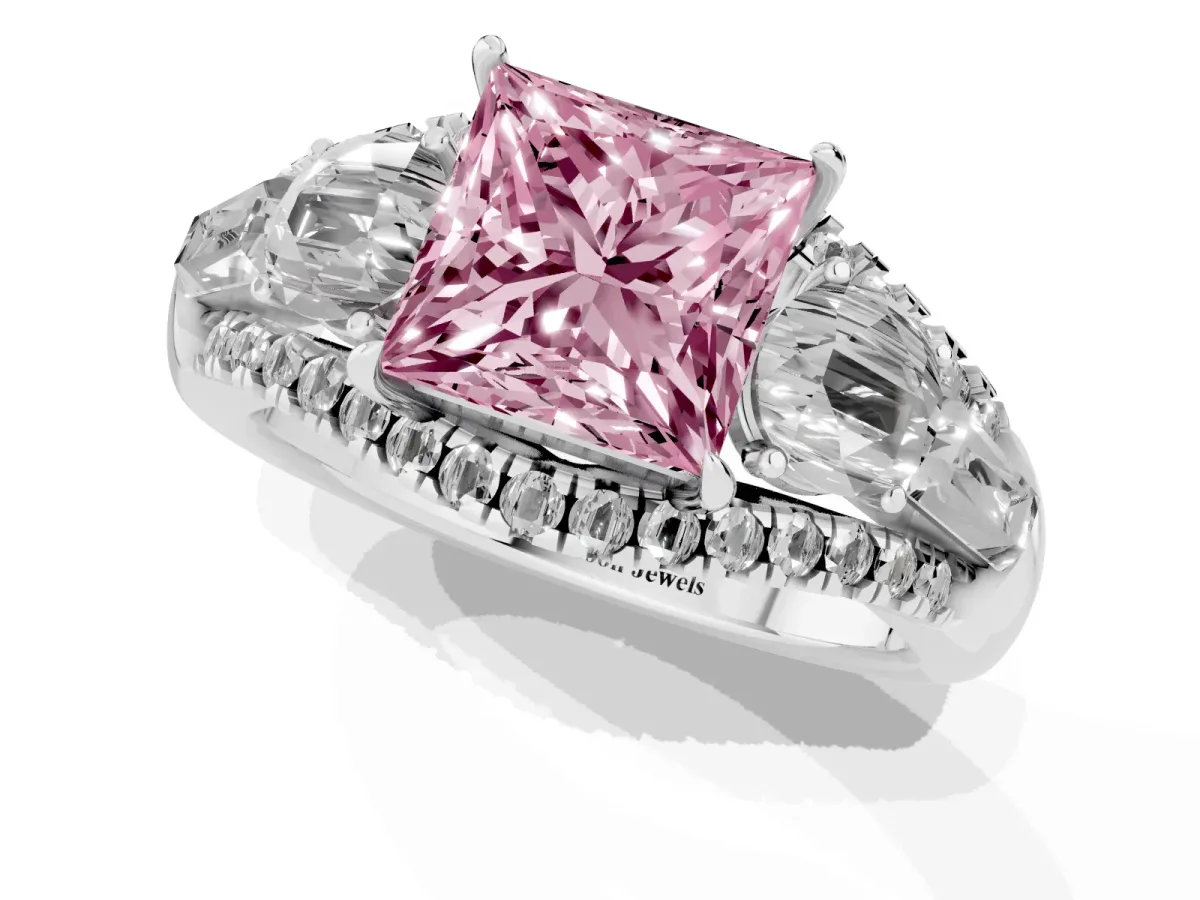 Fancy Pink Three-Stone Princess Cut Diamond Engagement Ring with Pave Band and Prong Setting Silver