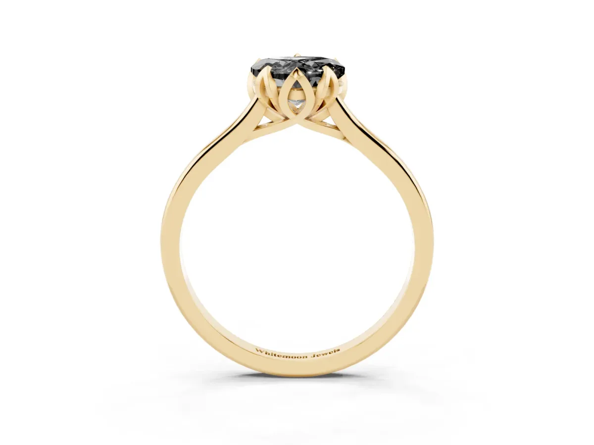 Fancy Black Heart Cut Diamond Solitaire Ring with Flower Prong Setting and Classic Band Yellow gold