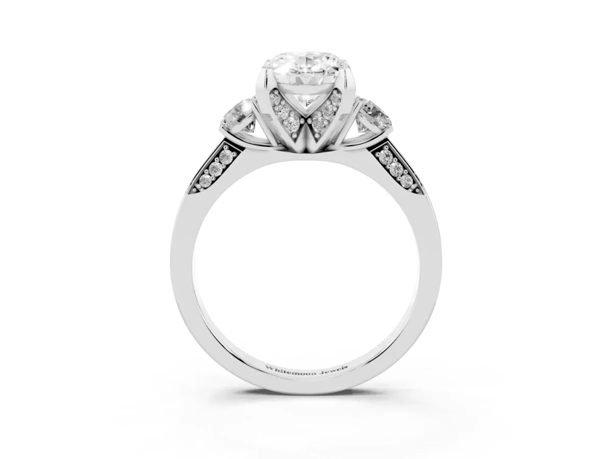 Oval Cut Brilliant Three-Stone Diamond Ring with Pavé Band and Four-Prong Setting Silver