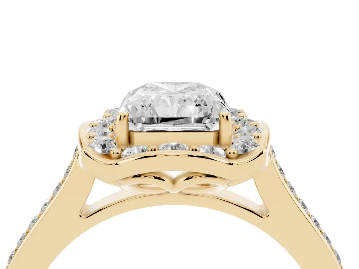 Radiant Cut Halo Round Diamond Pave Band with Four-Prong Setting Yellow gold