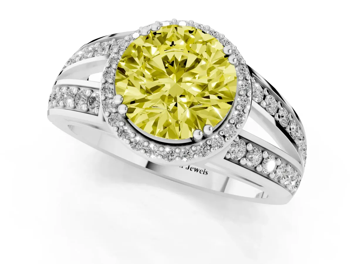 Fancy Yellow Round Cut Diamond Halo Ring with Split Shank Pavé Band and Four-Prong Setting White gold