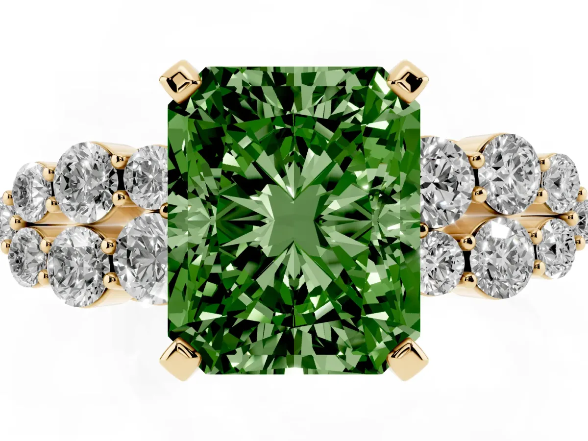 Fancy Green Radiant Cut Cluster Diamond Engagement Ring with Pavé Band and Four-Prong Setting Yellow gold