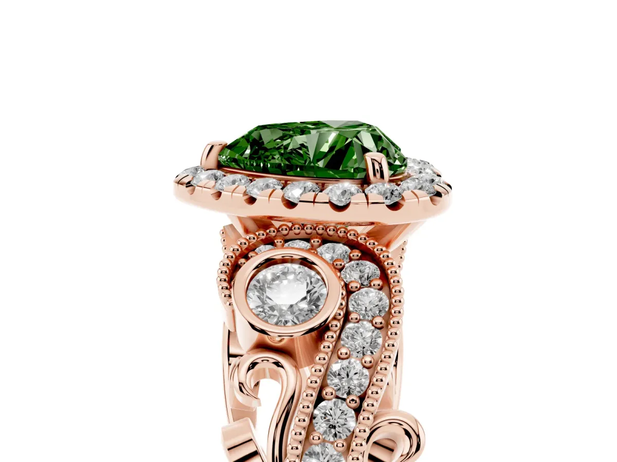 Fancy Green Heart Cut Diamond Halo Ring with Milgrain Pavé Band and Four-Prong Setting Rose gold