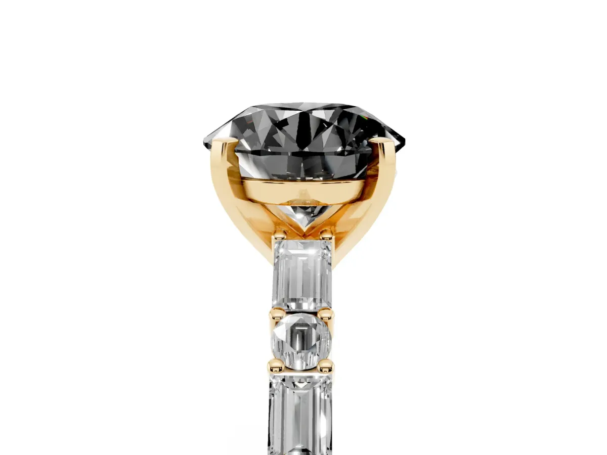 Fancy Black Round Cut Diamond Solitaire with Side Baguettes and Channel Set Band Yellow gold