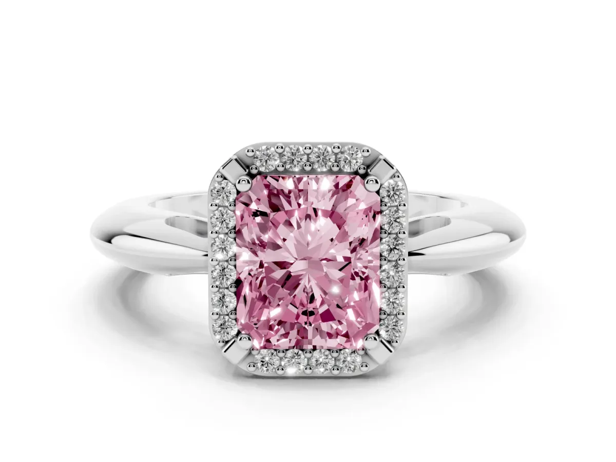 Fancy Pink Radiant Cut Cut Diamond Halo Engagement Ring with Split Shank and Four-Prong Setting Silver