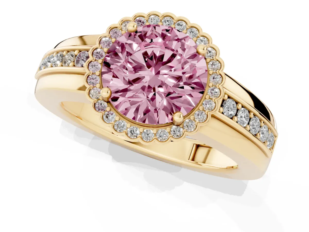 Fancy Pink Round Cut Cut Halo Pave Band Four-Prong Ring Yellow gold
