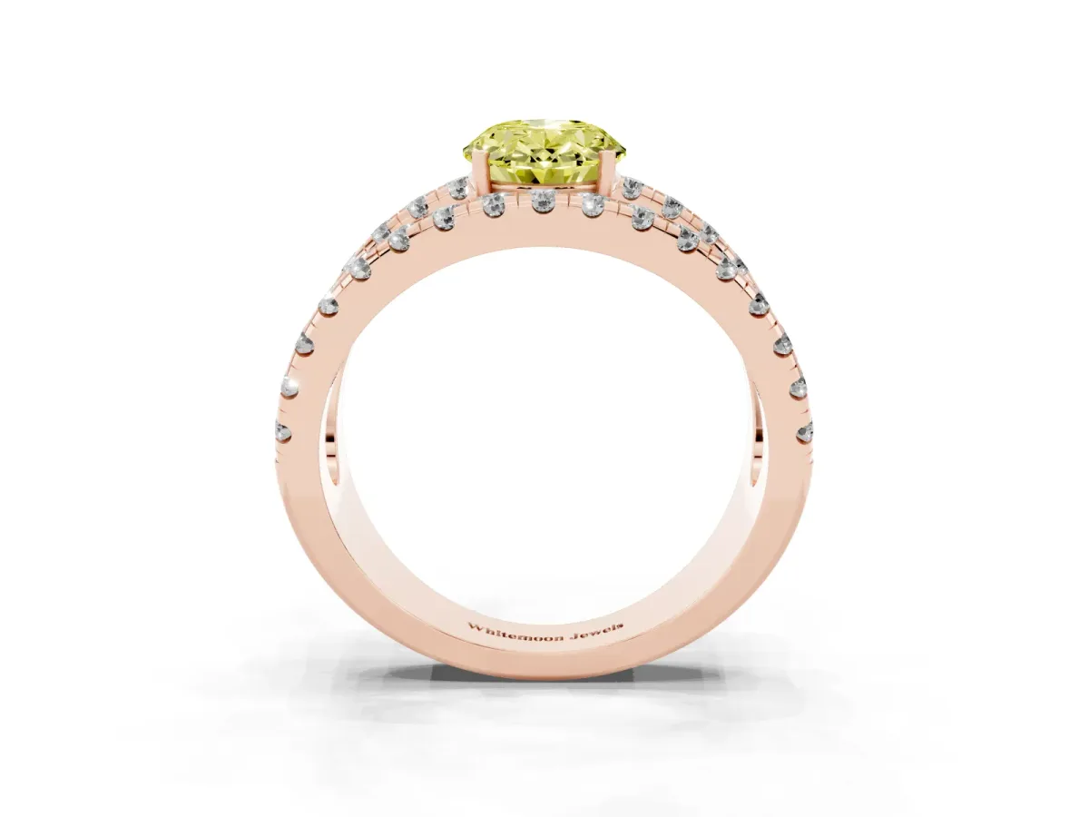 Fancy Yellow Oval Cut Solitaire Split Shank Pave Diamond Ring Rose gold