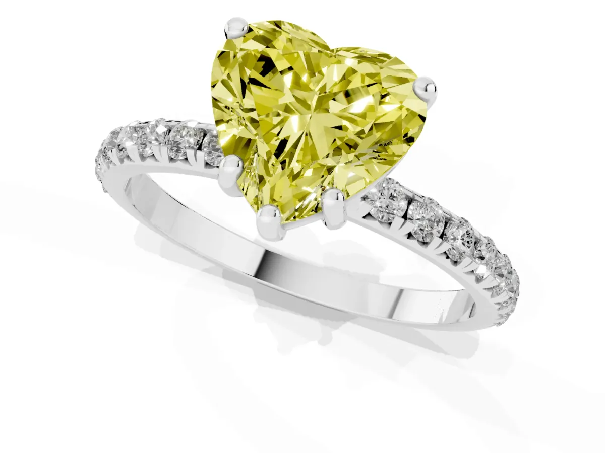 Fancy Yellow Heart Cut Cut Diamond Solitaire Ring with Micro Pave Band and Four Prong Setting Silver