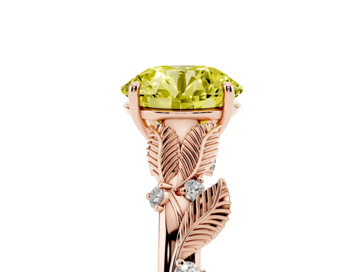Fancy Yellow Round Cut Diamond Solitaire Ring with Leaf Motif Band and Four-Prong Setting Rose gold