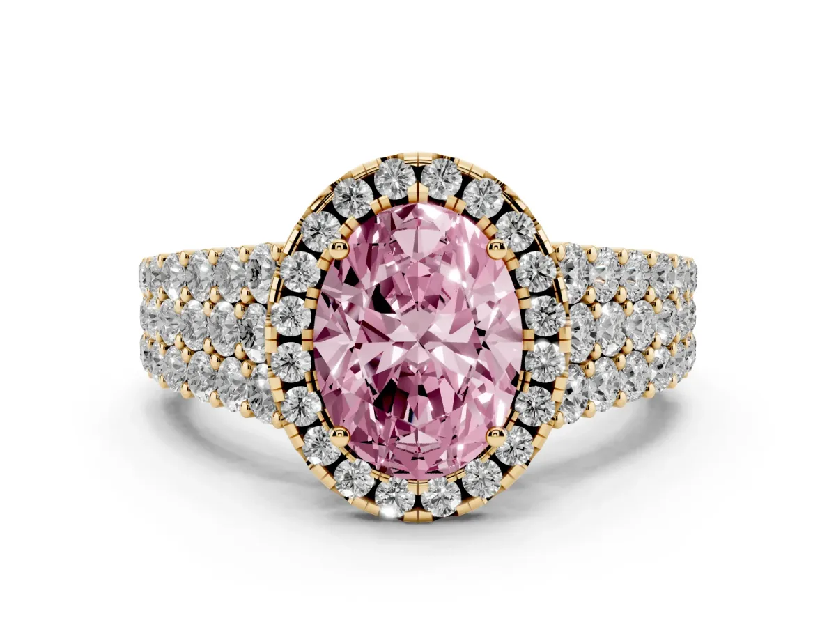 Fancy Pink Oval Cut Diamond Halo Engagement Ring with Triple Row Round Pavé Band and Prong Setting Yellow gold