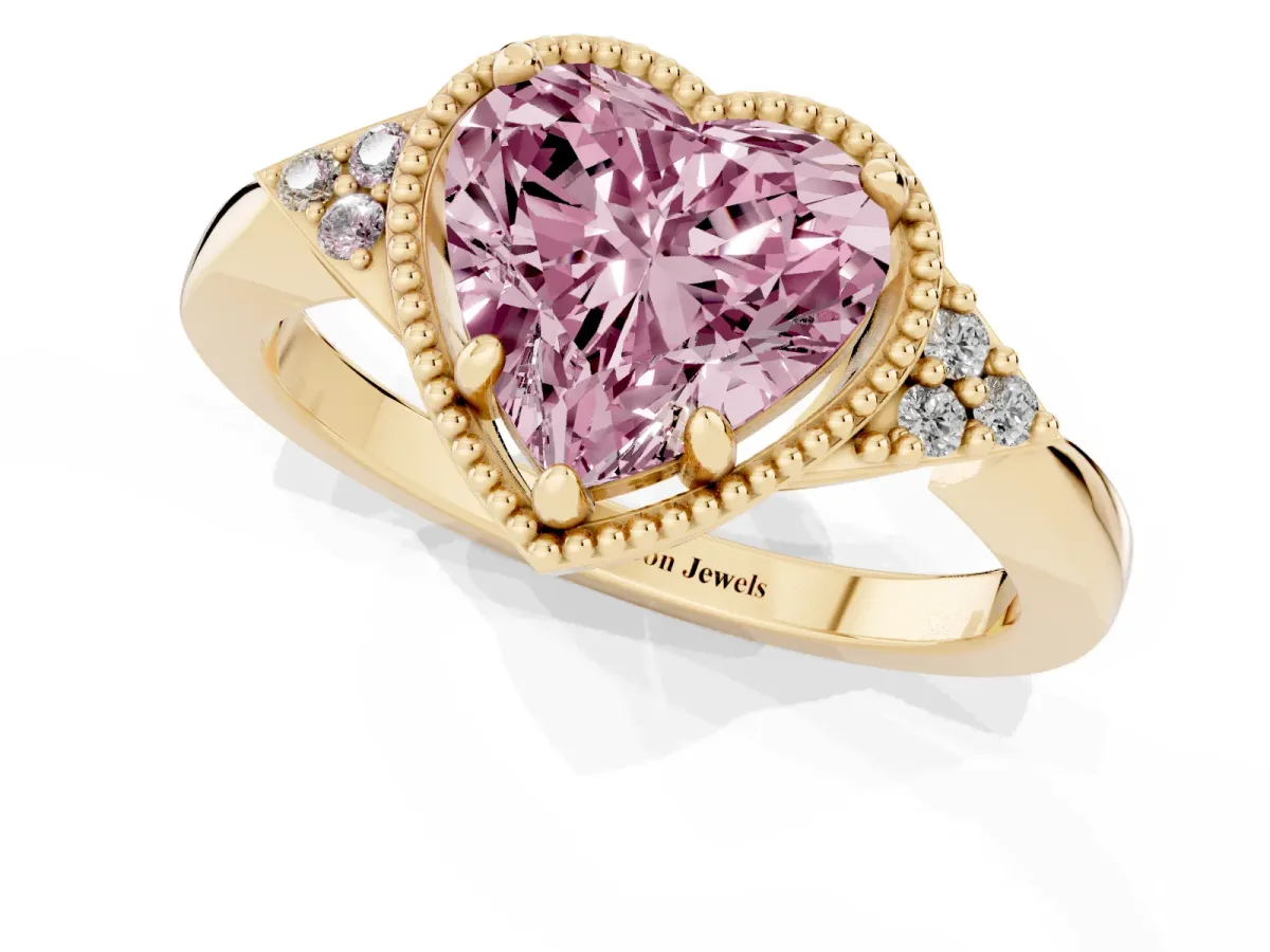 Fancy Pink Hexagonal Halo Heart Cut Diamond Solitaire with Pavé Band and Four-Prong Setting Yellow gold