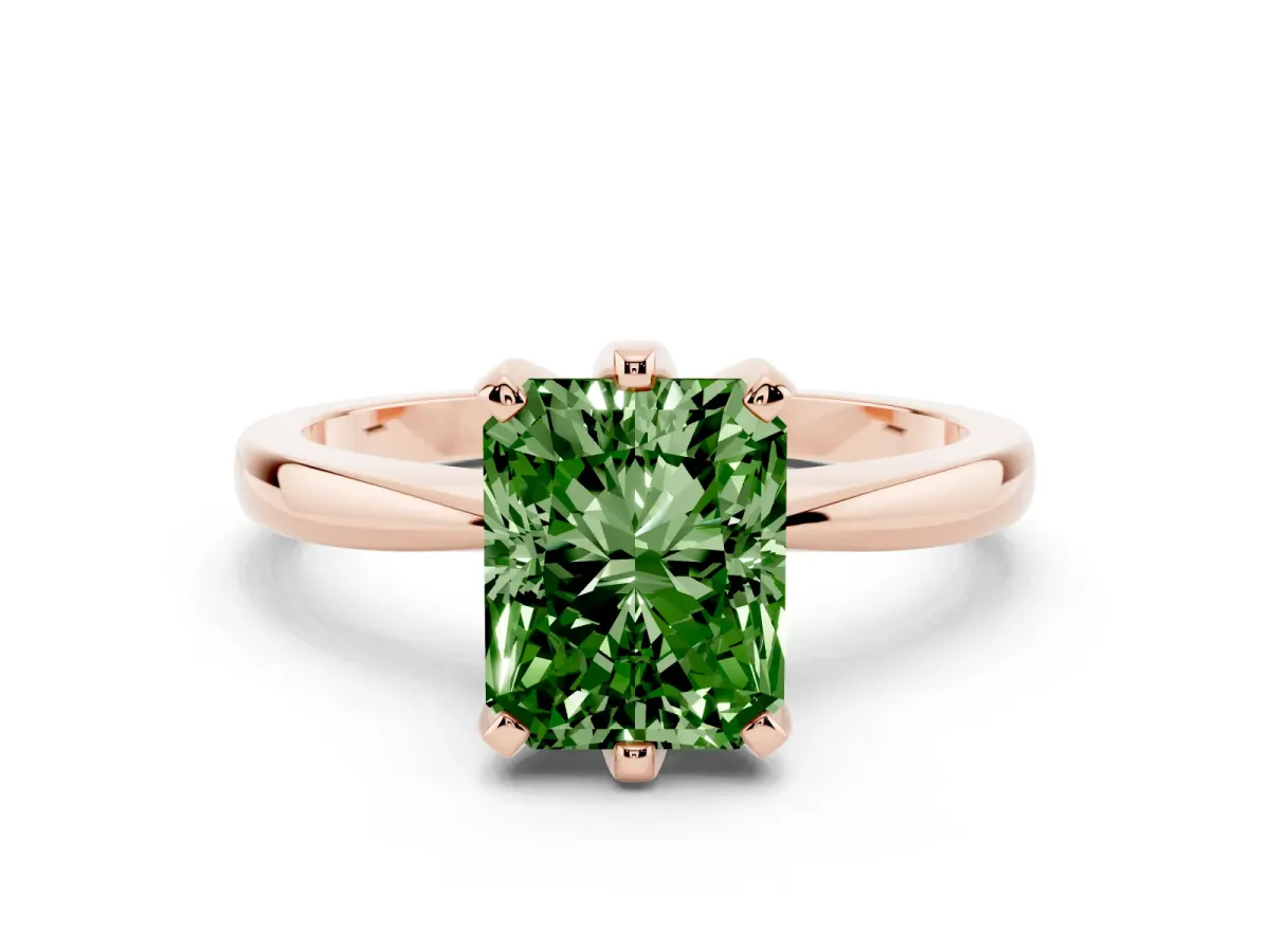 Fancy Green Radiant Cut Solitaire Engagement Ring with Six-Prong Setting and Tapered Band Rose gold